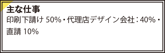 主な仕事　印刷下請け50％・代理店デザイン会社：40％・直請10％